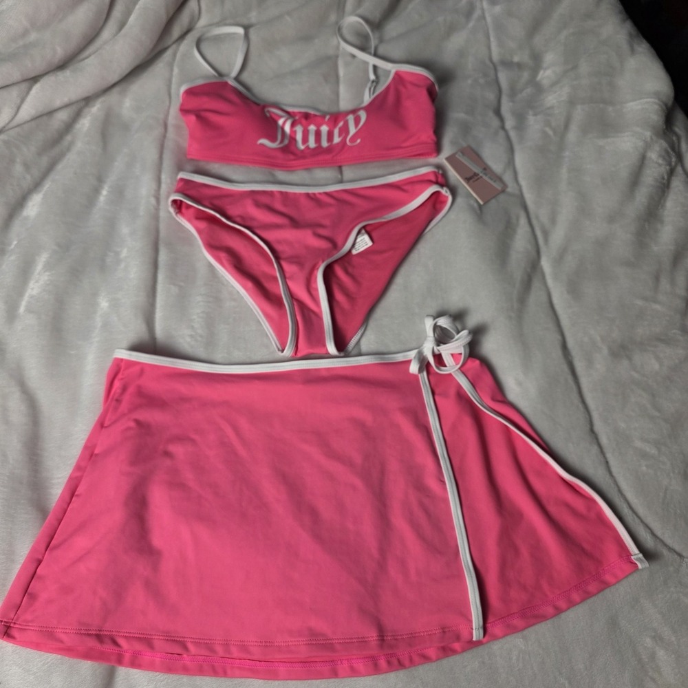 Juicy Couture Bikini Set 3 piece Hot Pink New Logo Skirt Swimsuit Barbiecore XS